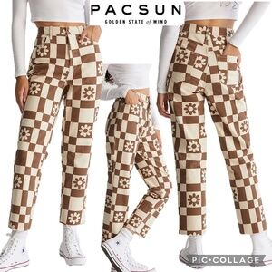 Pacsun Eco Flower Checkerboard High Waisted Straight Leg Jeans Raw Hem Size 24